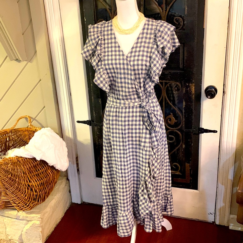 NEW Max Studio Feminine Ruffle Blue Gingham Midi Dress Large
